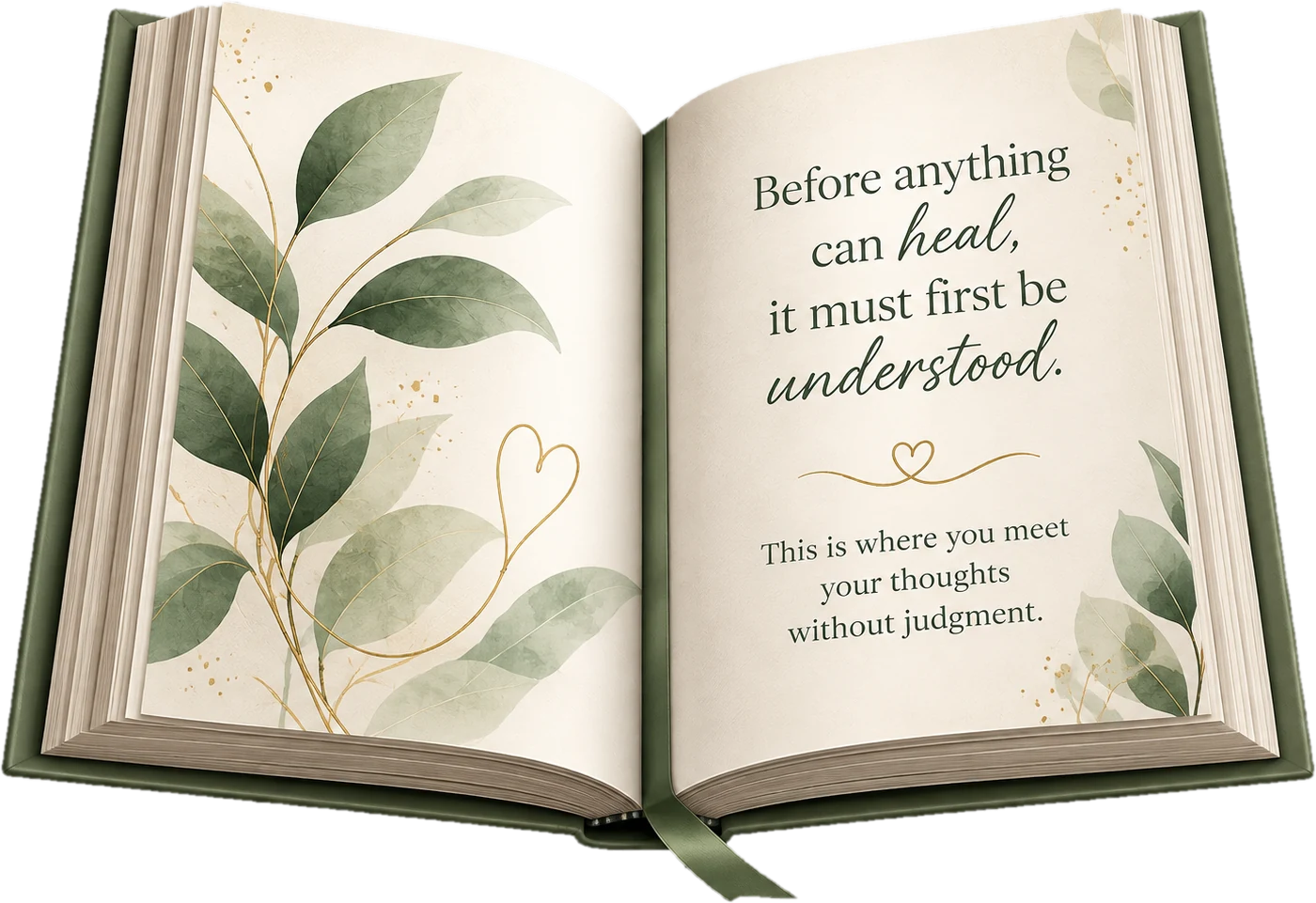 The book opened to a page that reads: Before anything can heal, it must first be understood. This is where you meet your thoughts without judgment.
